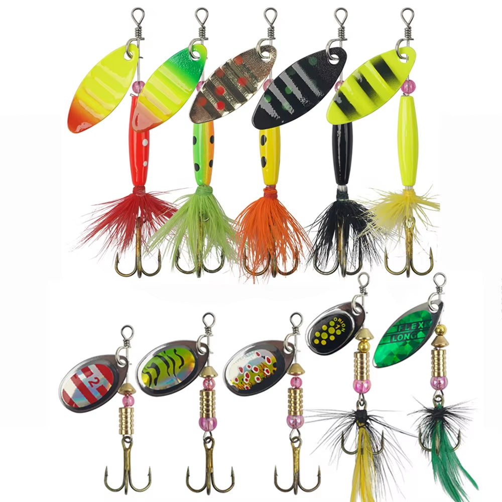 10 Piece Spinner Fishing Lures Spinner Bait Lures with Feather Treble Hooks for Northern Pike