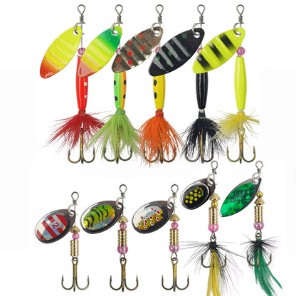 10 Piece Spinner Fishing Lures Spinner Bait Lures with Feather Treble Hooks for Northern Pike