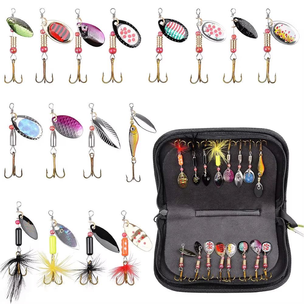 16 Piece Spinner Fishing Lures Spinner Bait Lures with Feather Treble Hooks for Northern Pike