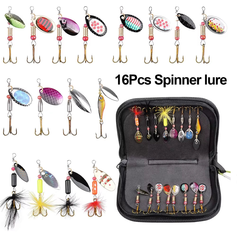 16 Piece Spinner Fishing Lures Spinner Bait Lures with Feather Treble Hooks for Northern Pike With Case