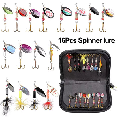 16 Piece Spinner Fishing Lures Spinner Bait Lures with Feather Treble Hooks for Northern Pike With Case