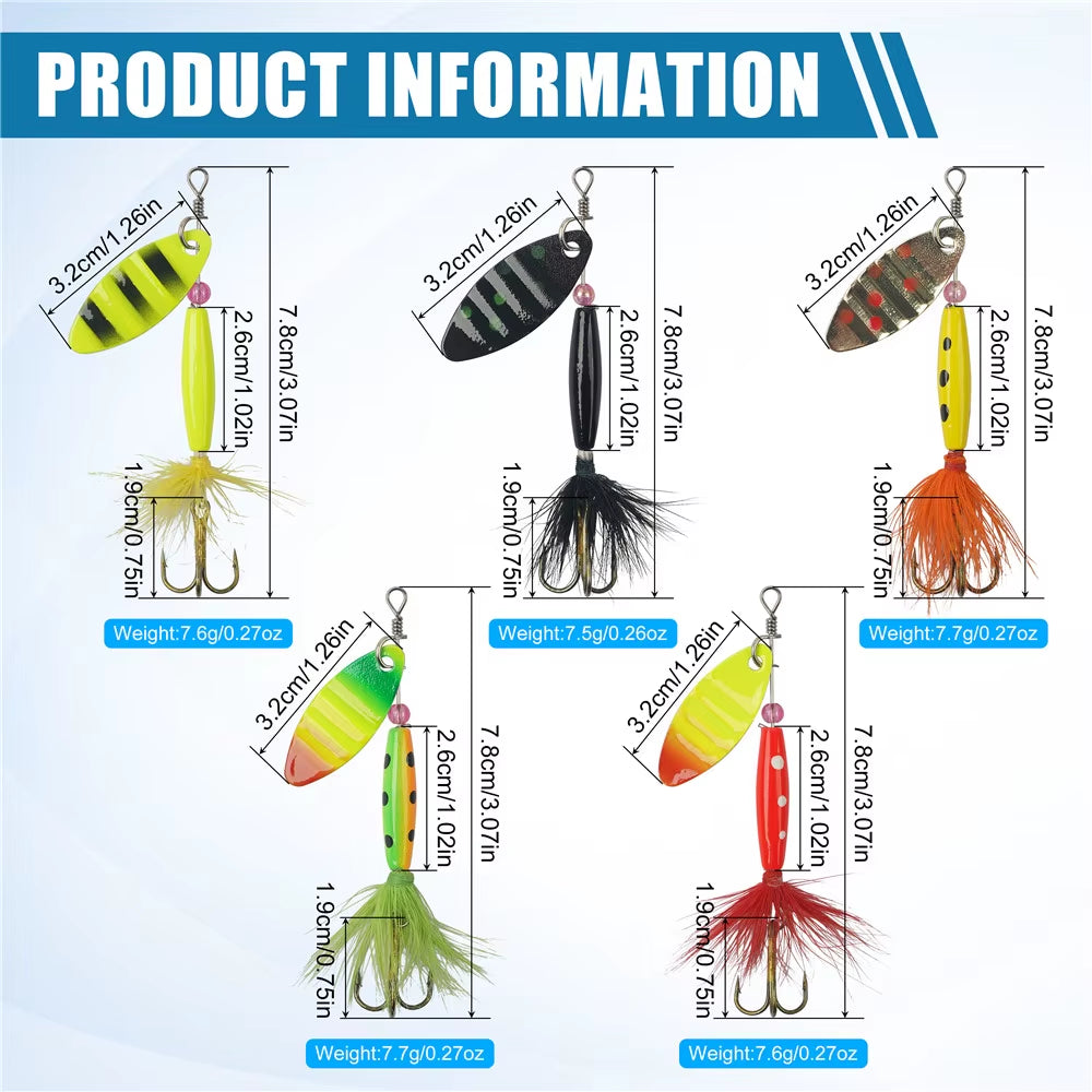 Spinner Fishing Lures Spinner Bait Lures with Feather Treble Hooks for Northern Pike